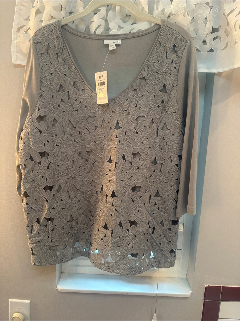 Crochet Front V-Neck Women's Top - Taupe